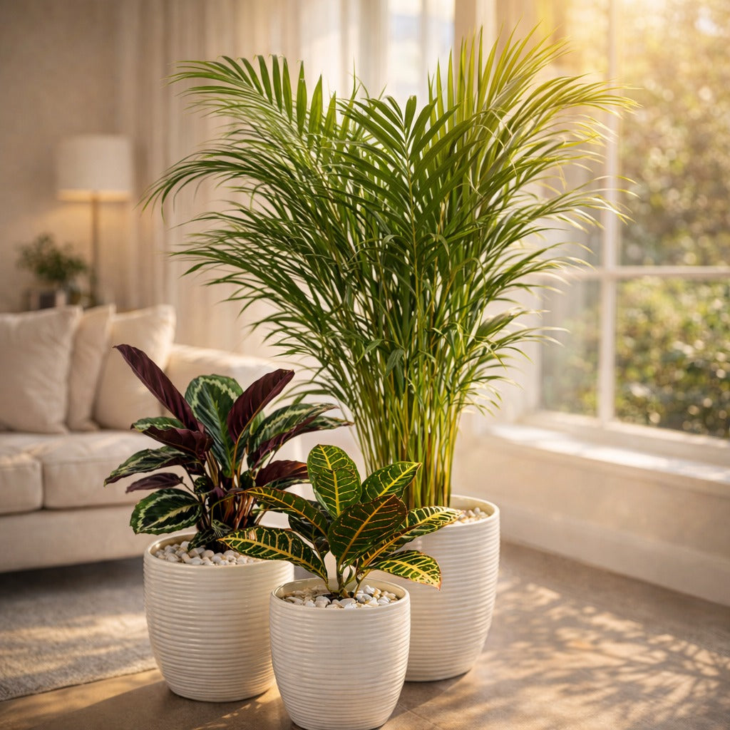 Set of areca palm, Croton and Calathea medallion in white ceramic pot