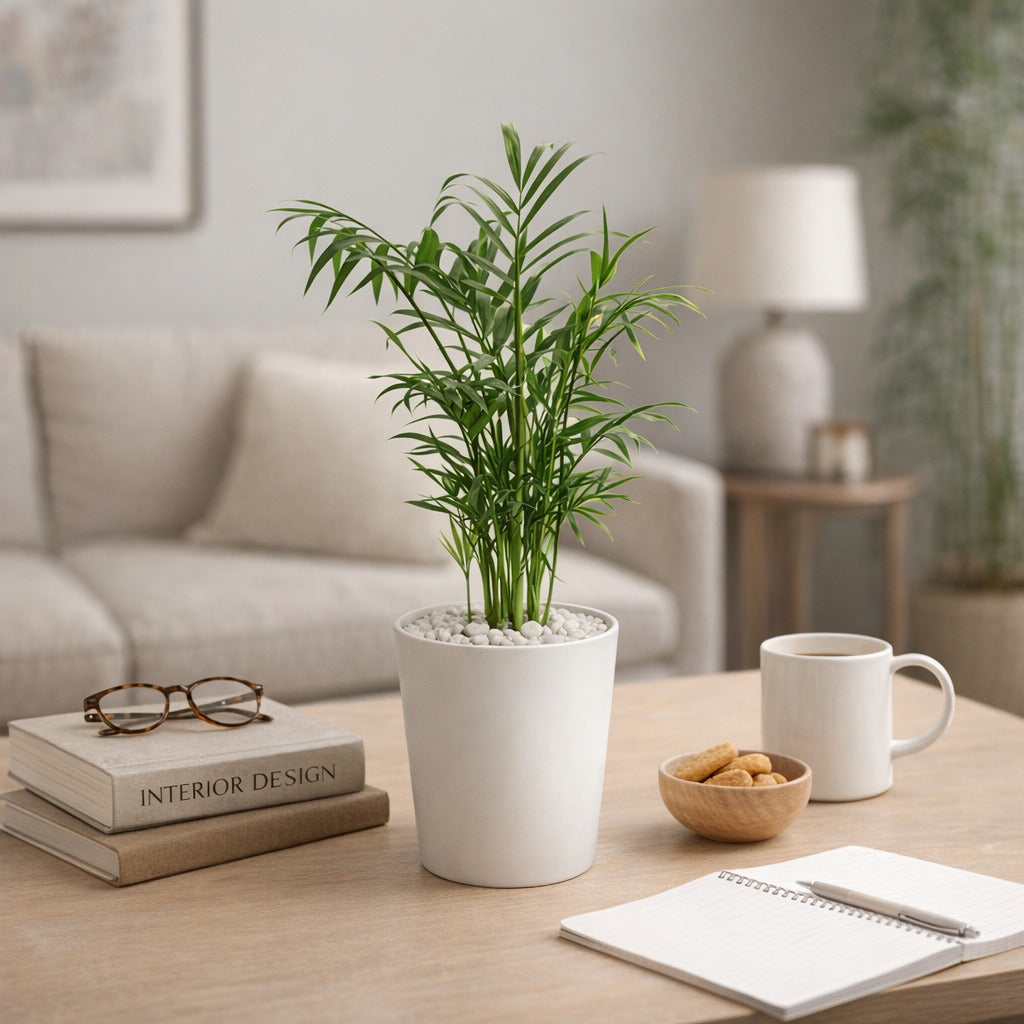 Chamaedorea in white ceramic pot- Parlour palm