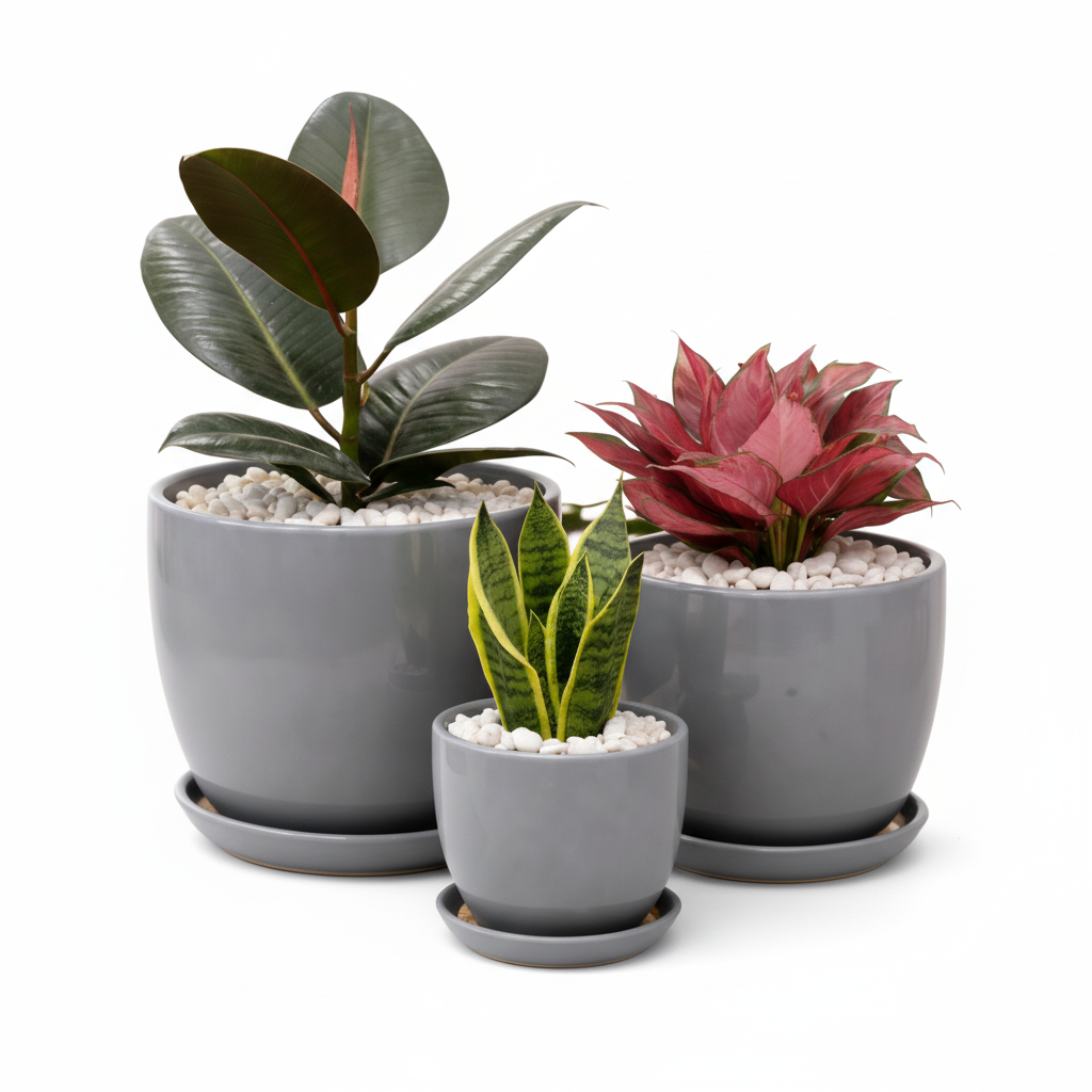 Indoor plants in ceramic pot combo- Rubber plant, Snake plant, Aglaonema