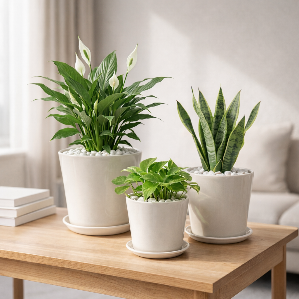 Air purifying house plants combo in ceramic pot- Peace lily-Pothos-Snake plant