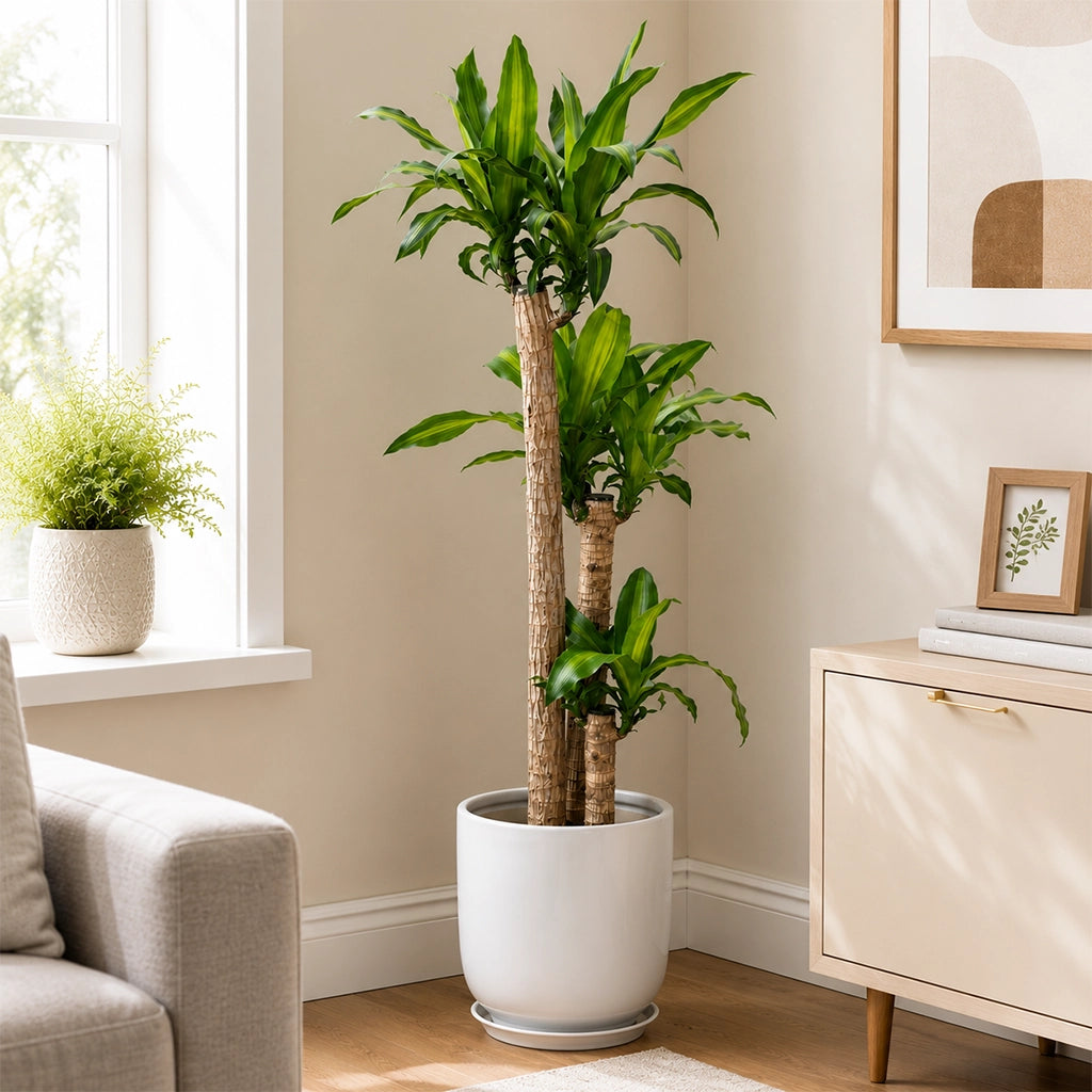 Dracaena fragrans 'Massangeana' -Corn Plant- Mass Cane in white ceramic pot